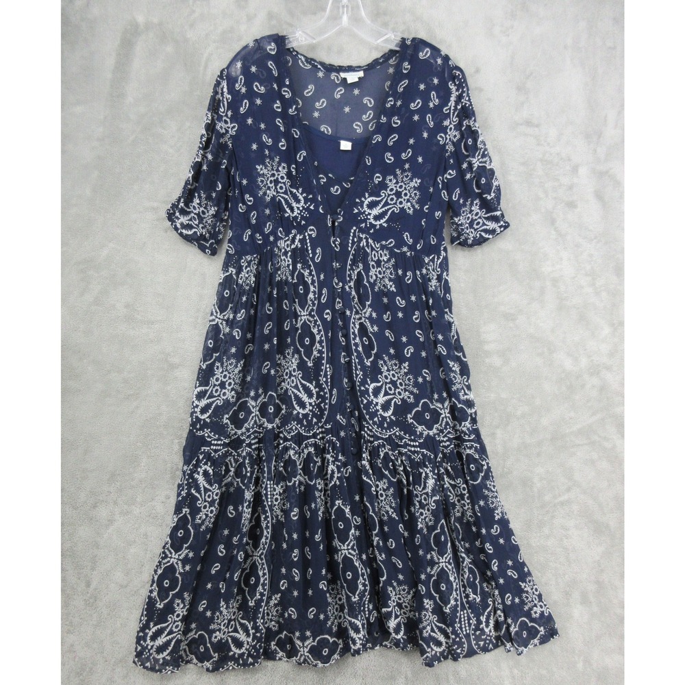 Sundance Dress Womens Size Small Blue Paisley Tiered Sheer Button Front Midi